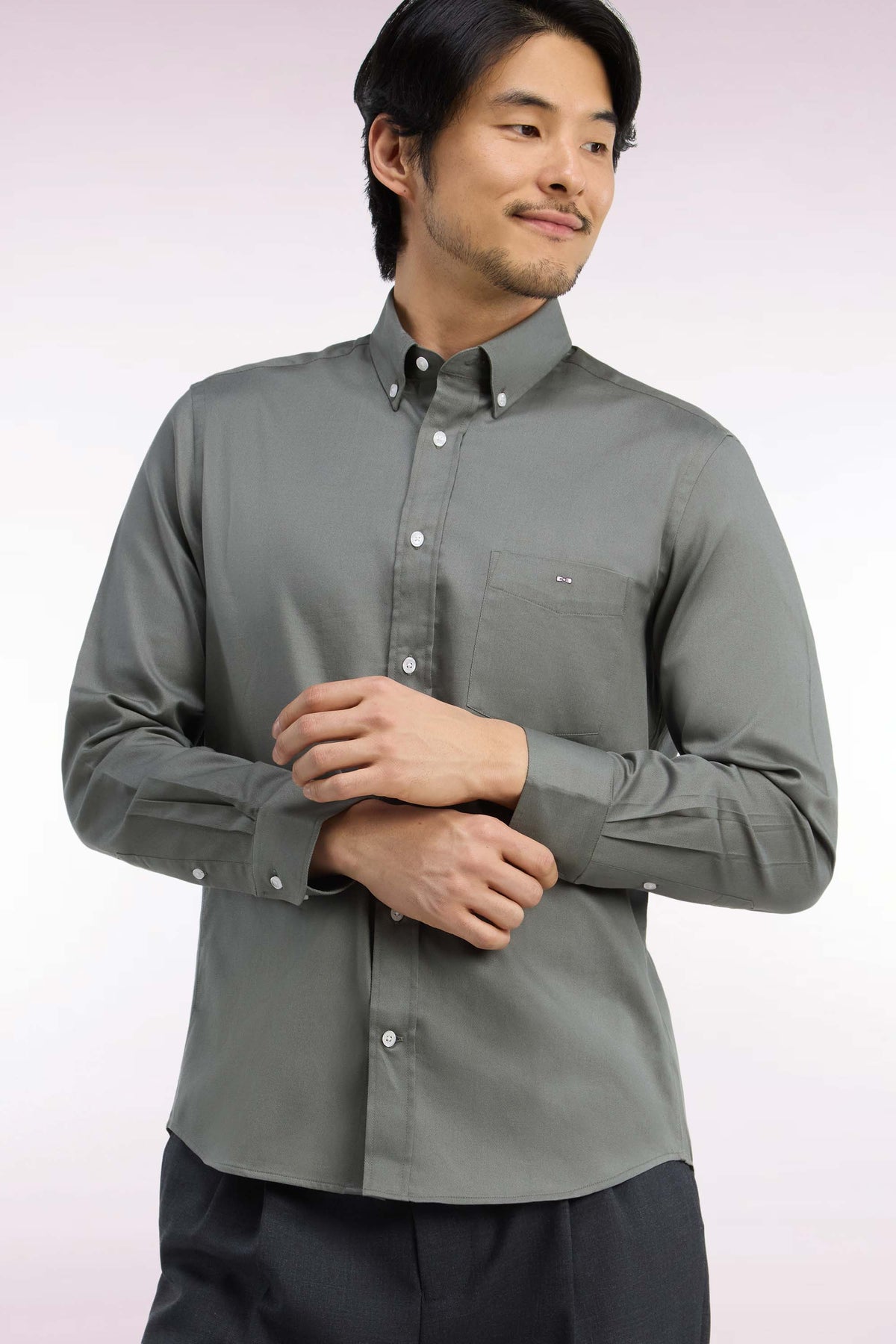 Olive green cotton piqué straight-cut shirt