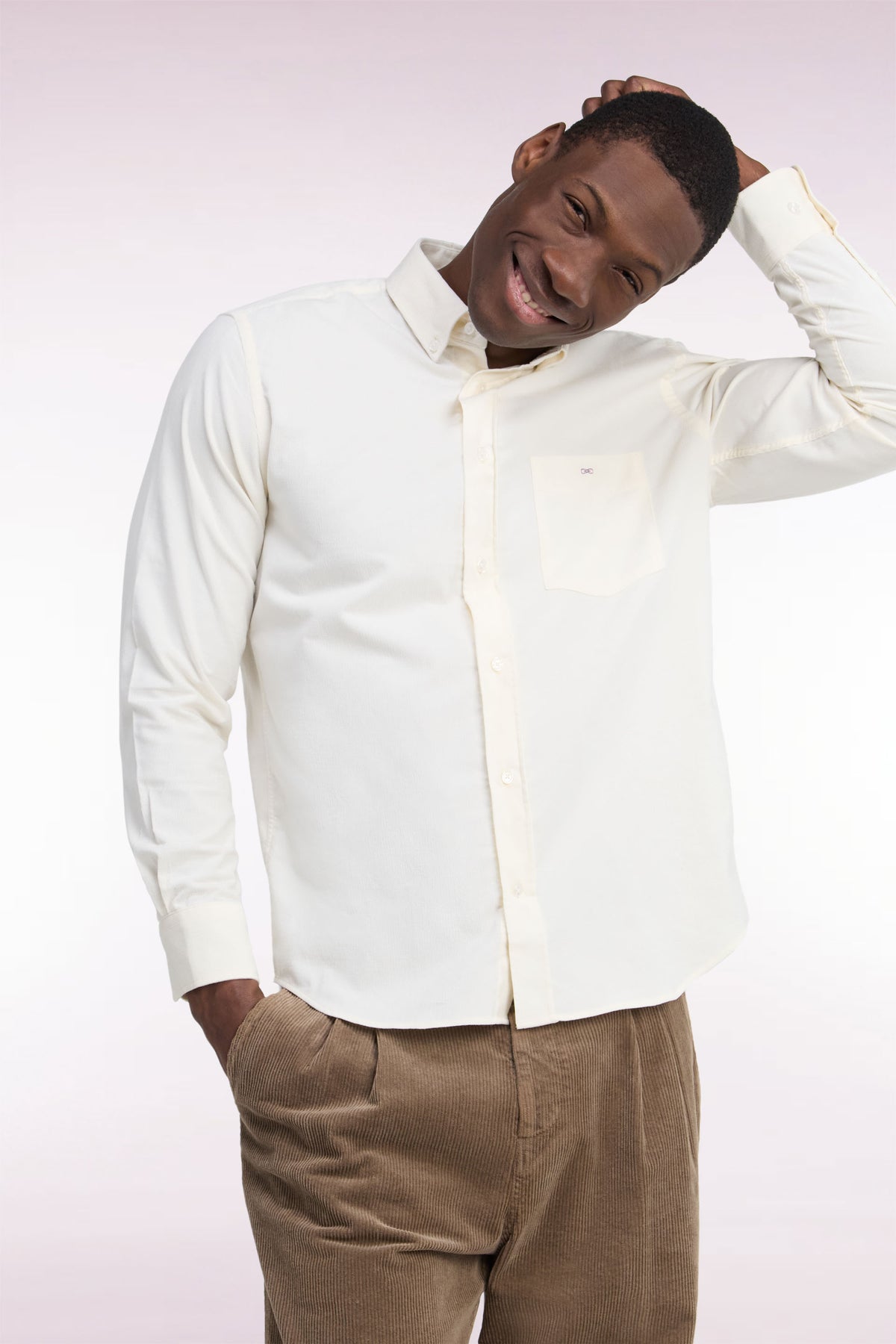 Straight cut ecru ribbed cotton shirt