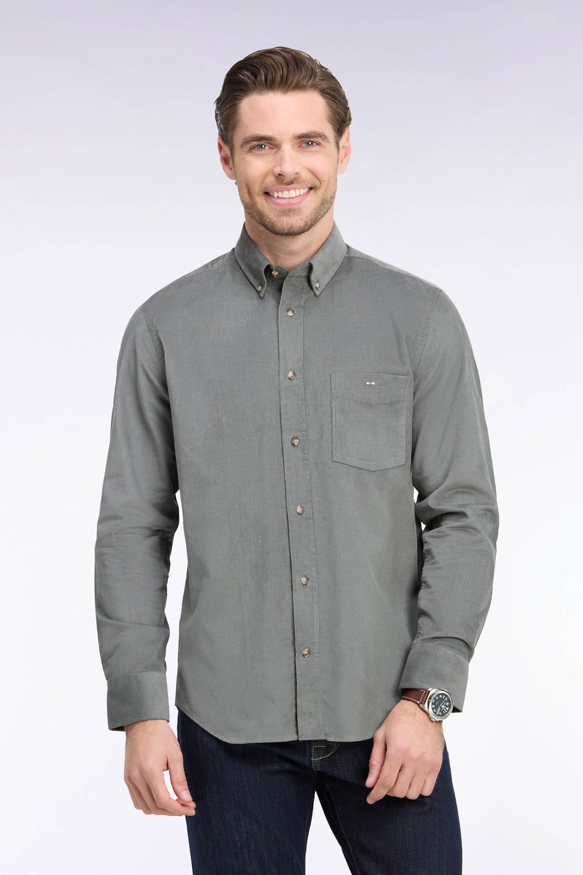 Straight-fit khaki ribbed cotton shirt
