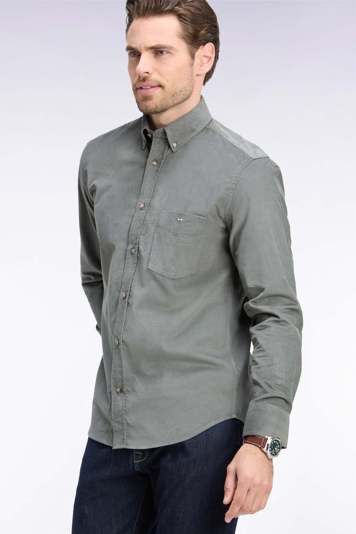 Straight-fit khaki ribbed cotton shirt