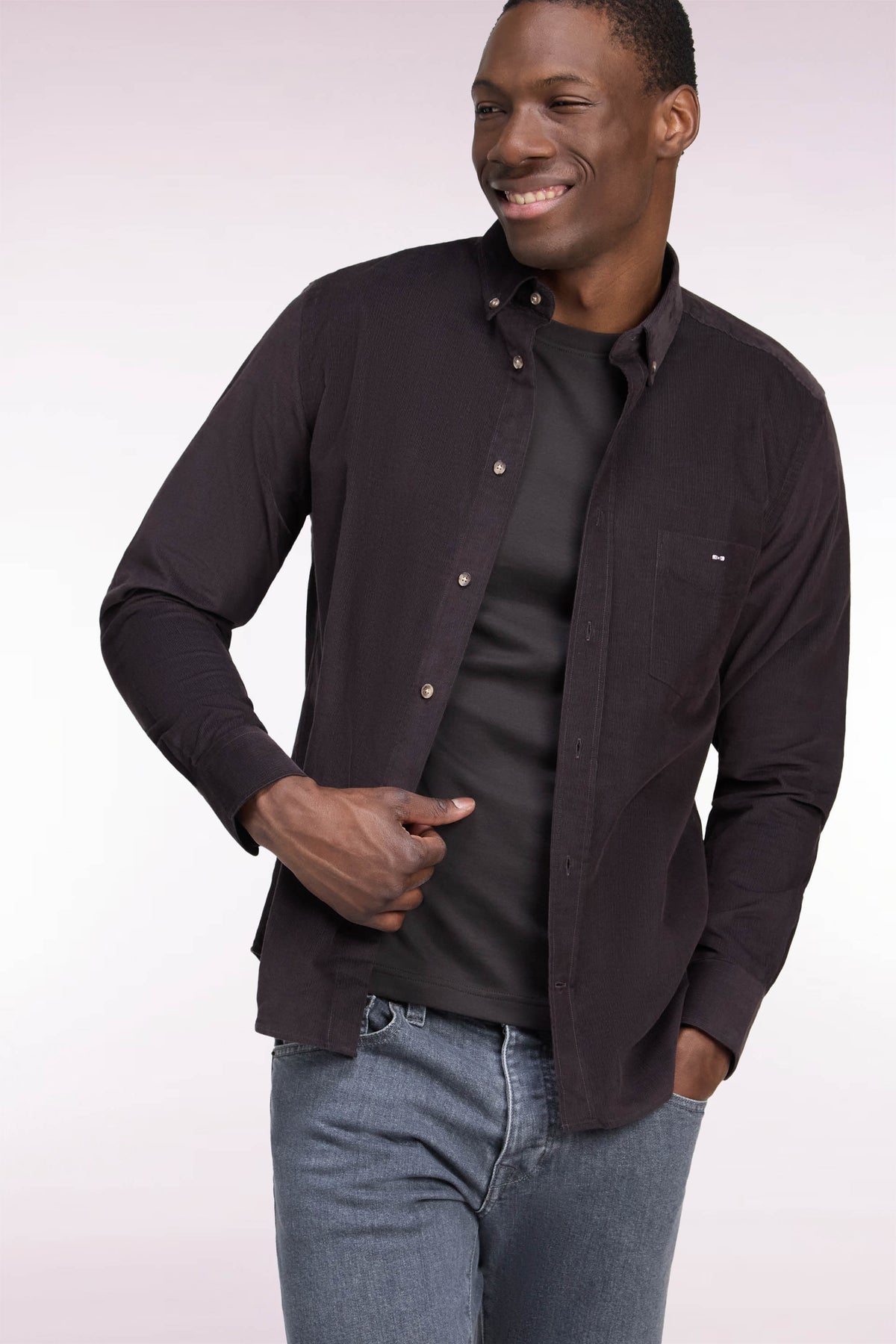 Brown straight-cut ribbed cotton shirt