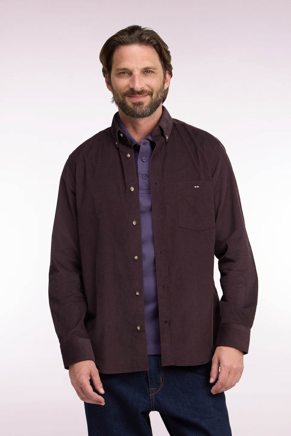 Straight-fit chocolate ribbed cotton shirt