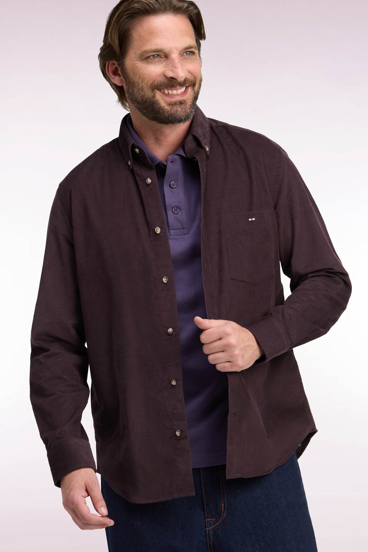 Straight-fit chocolate ribbed cotton shirt