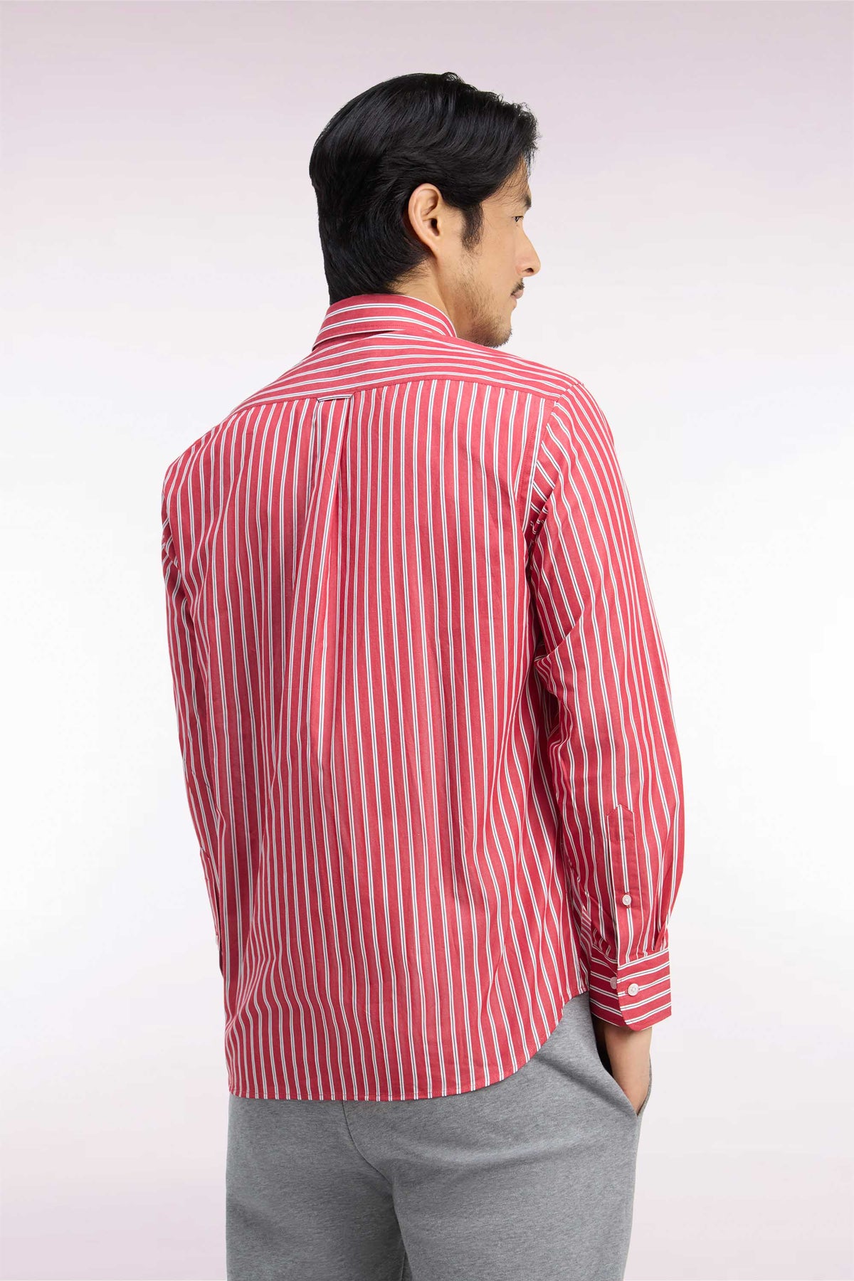 Red cotton shirt with ecru stripes, straight cut