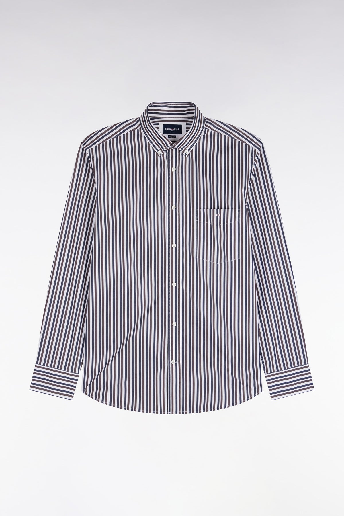 Chemise en popeline de coton à rayures marron coupe droite