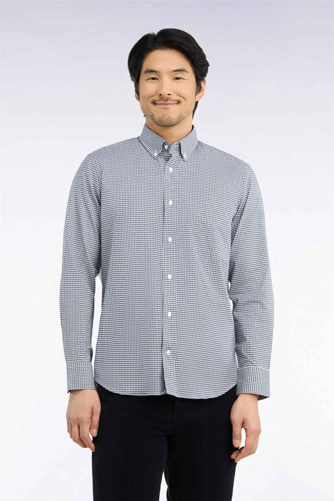 Straight cut navy gingham check cotton shirt - Image 3