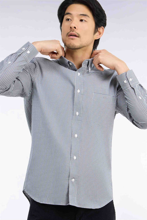 Straight cut navy gingham check cotton shirt - Image 1
