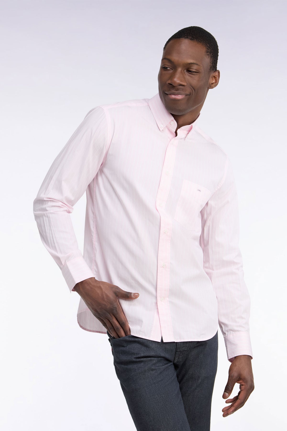 White woven cotton shirt with pink stripes, straight cut