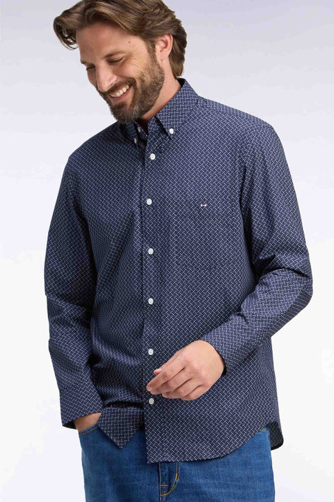 Navy cotton poplin shirt with micro-patterned bow ties - Image 1