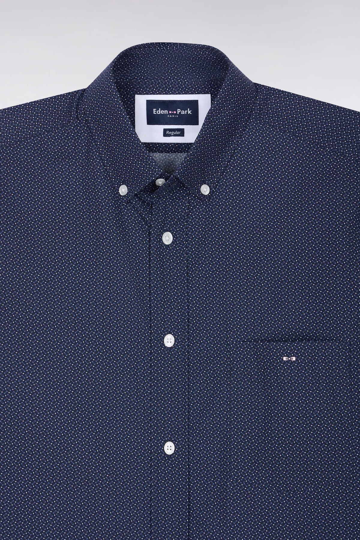 Navy cotton shirt with micro-patterned bow ties, straight cut