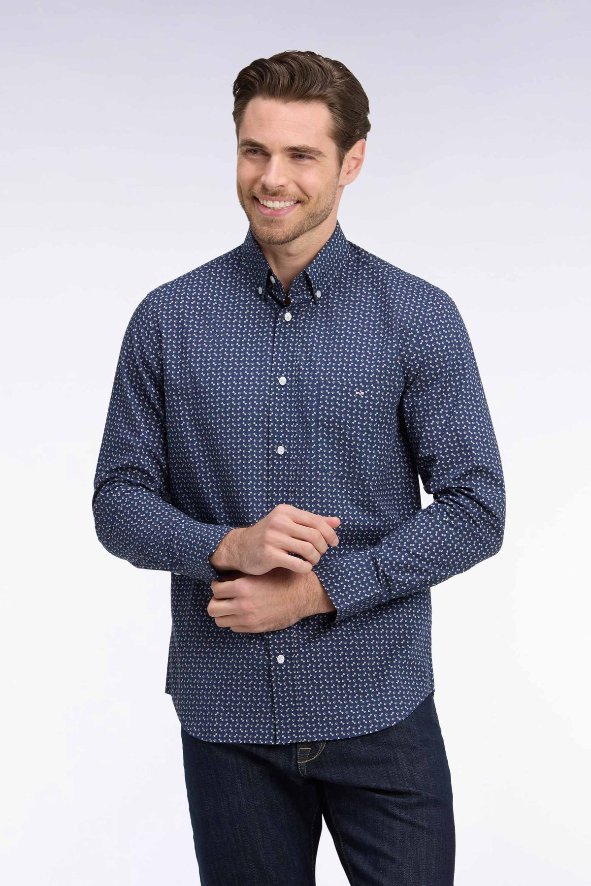 Navy cotton poplin shirt with khaki micro-patterns, straight cut