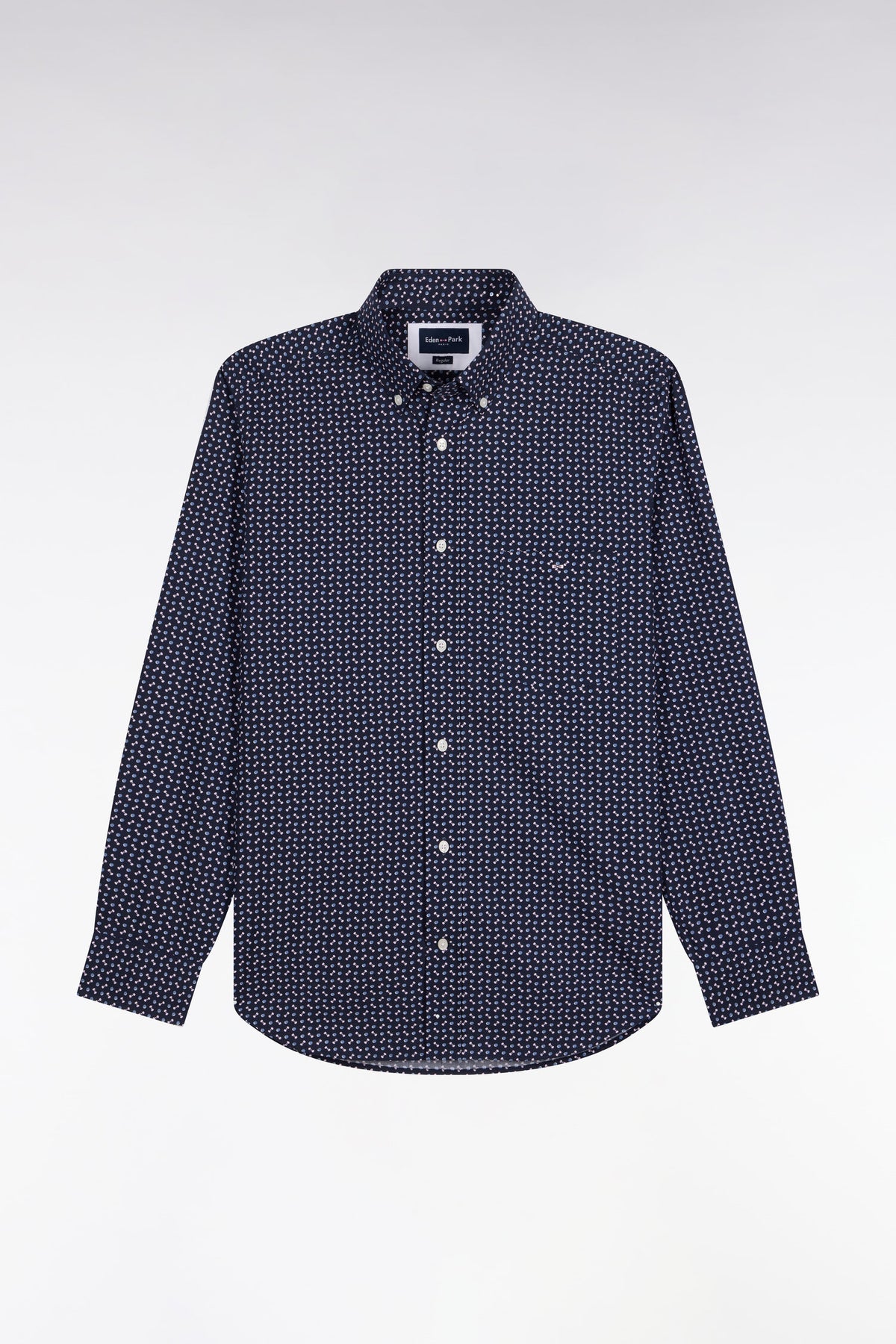 Chemise en popeline de coton marine à micromotifs bleus coupe droite