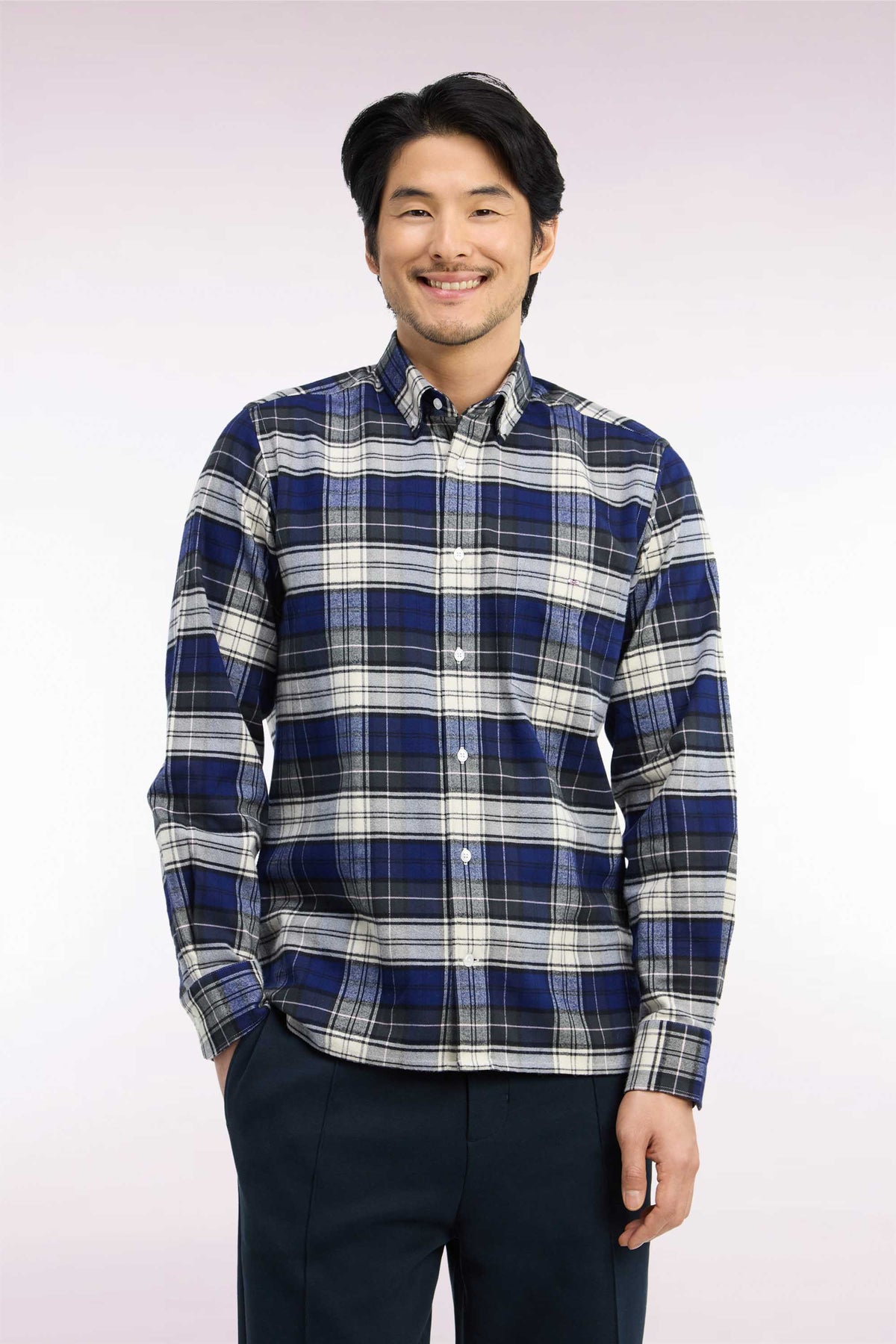 Green and navy cotton check shirt, straight cut