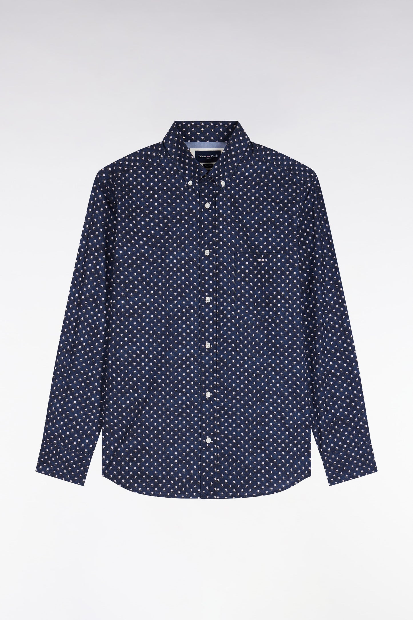 Navy cotton shirt with white flower micro-patterns, straight cut
