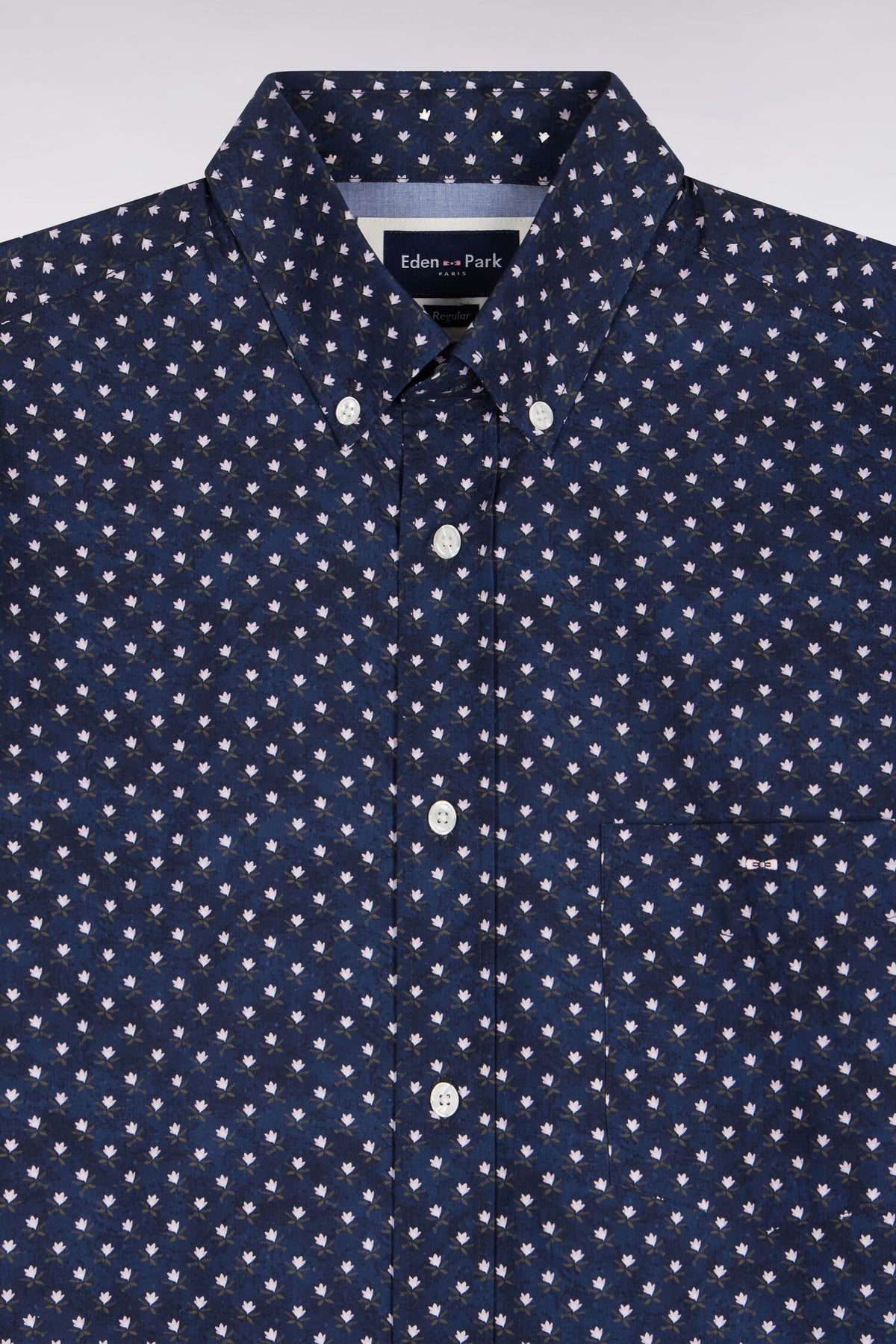 Navy cotton shirt with white flower micro-patterns, straight cut