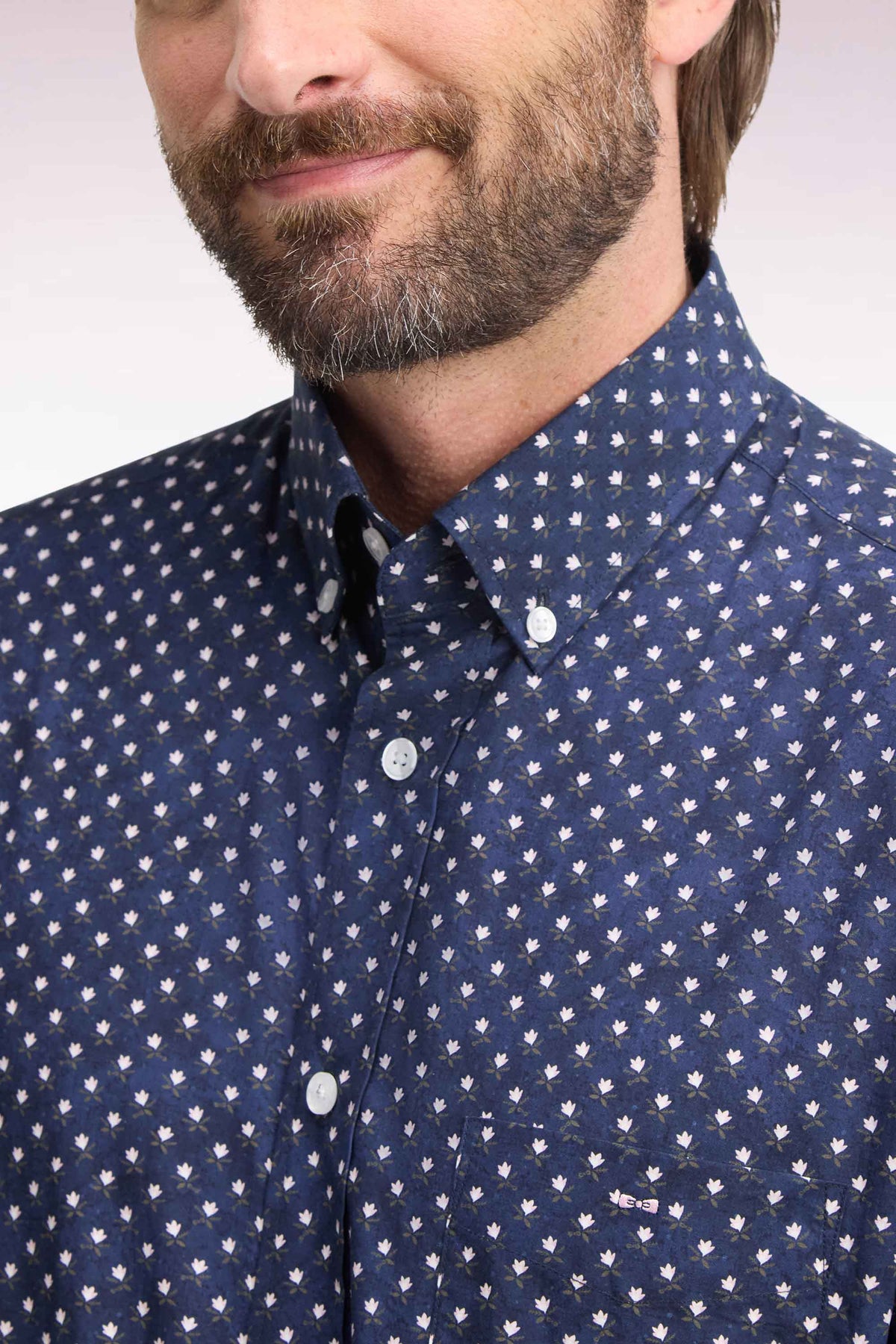 Navy cotton shirt with white flower micro-patterns, straight cut