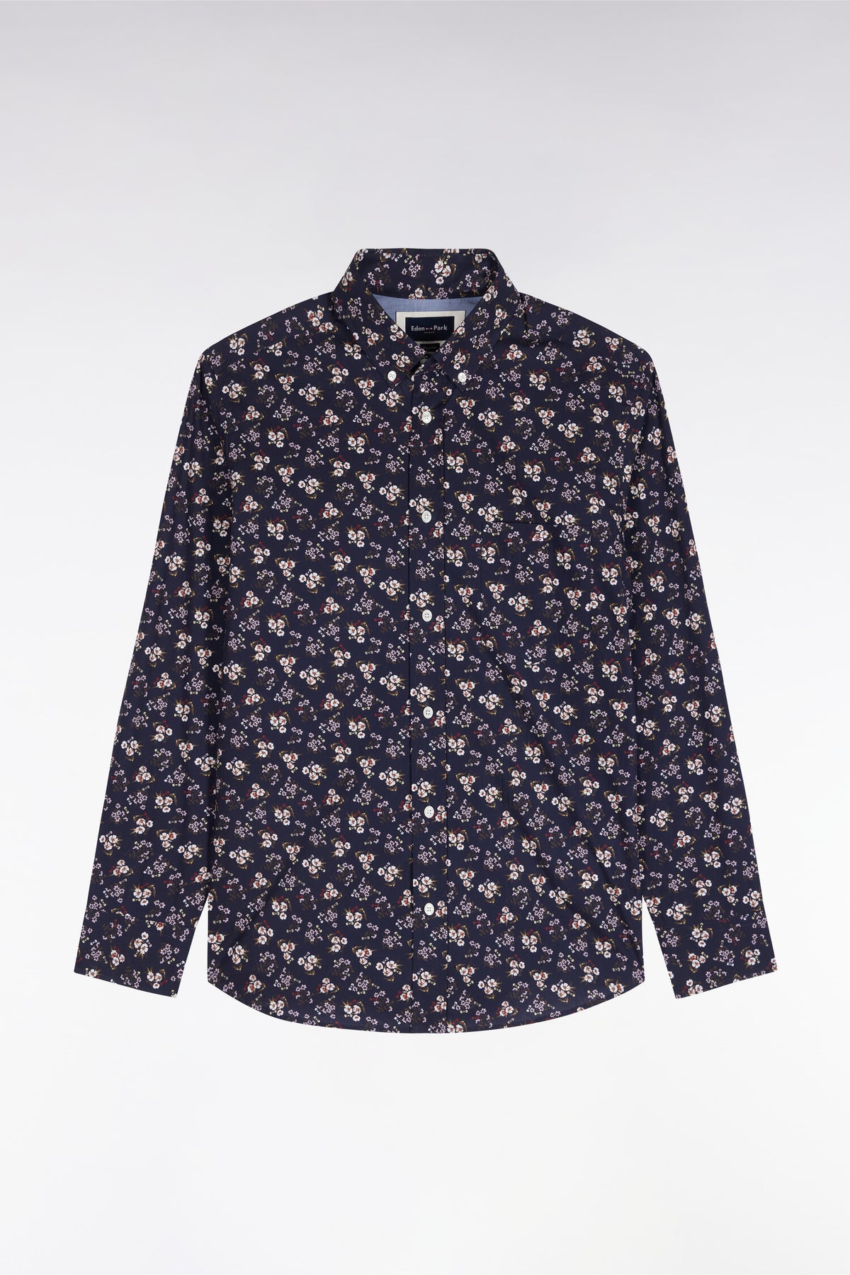 Navy cotton shirt with micro-flower patterns, straight cut