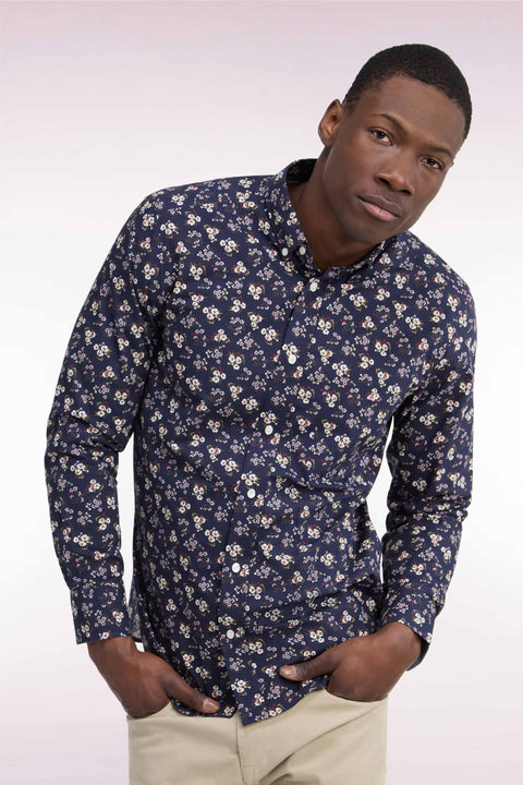 Navy cotton shirt with micro-flower patterns, straight cut - Image 1