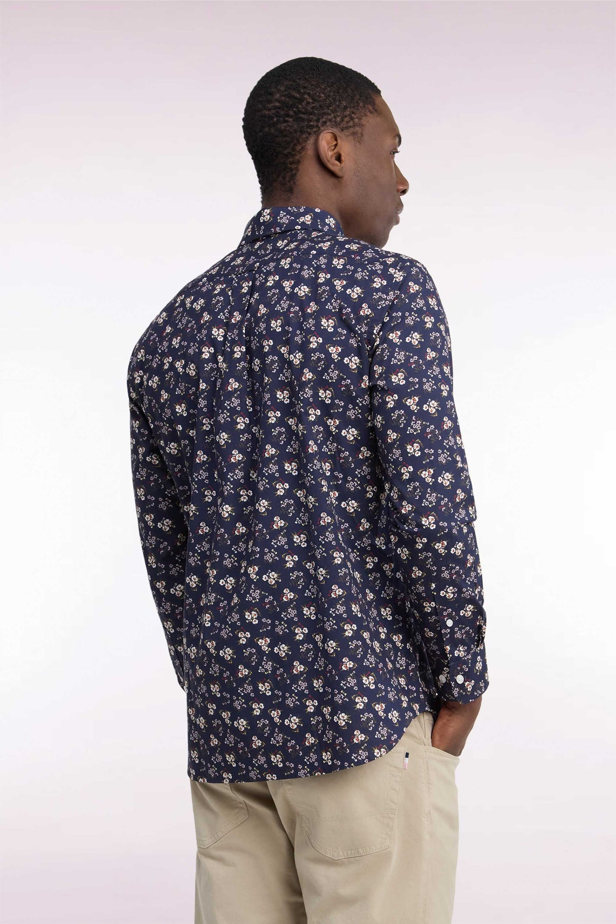 Navy cotton shirt with micro-flower patterns, straight cut