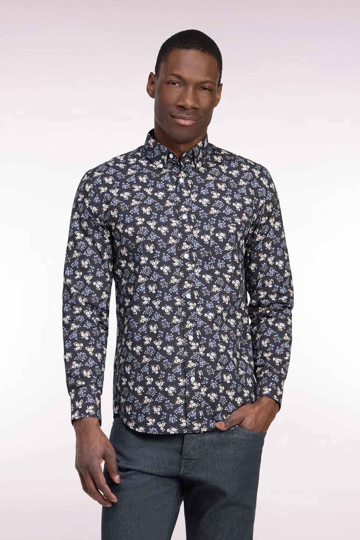 Brown cotton shirt with micro-flower patterns, straight cut