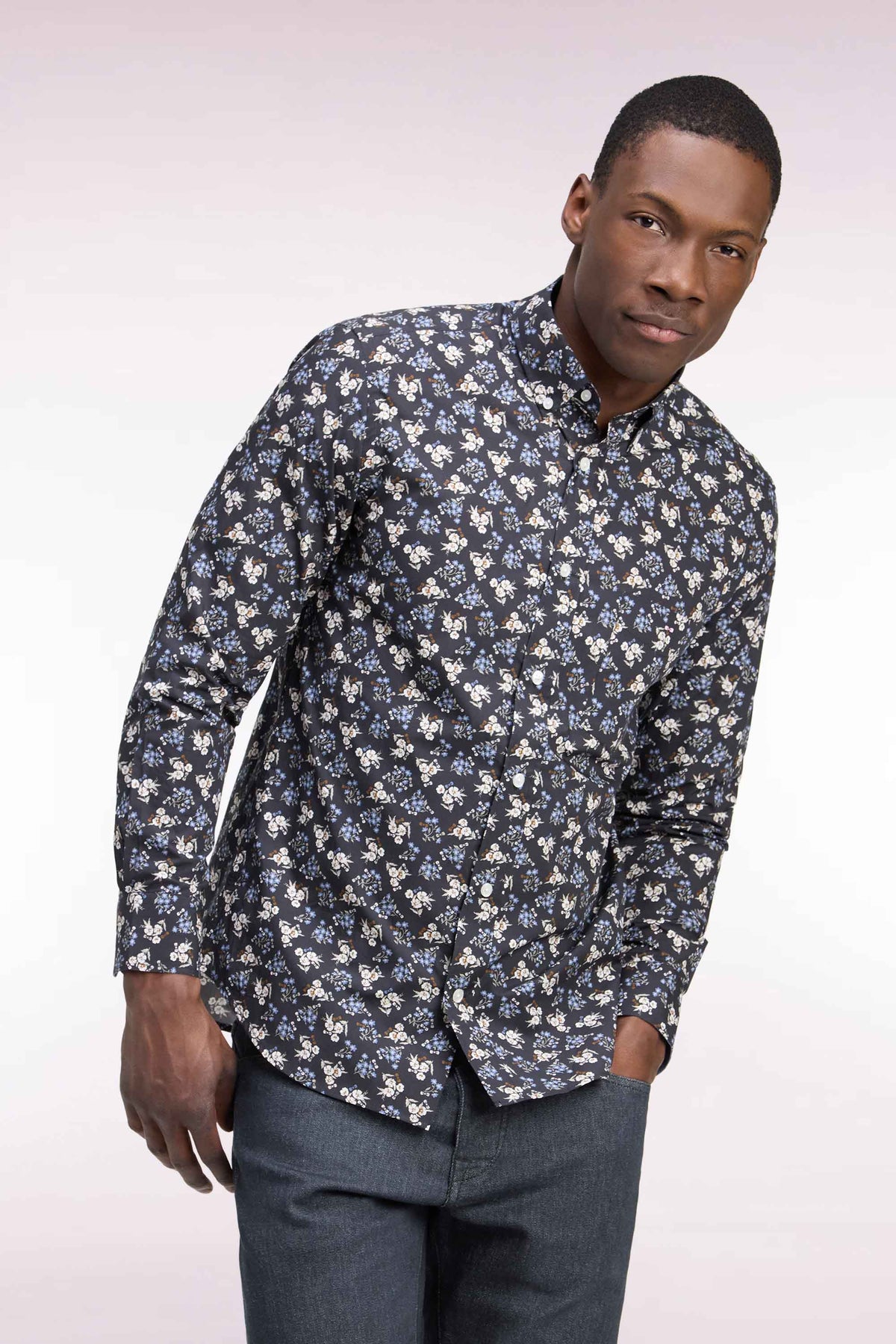Brown cotton shirt with micro-flower patterns, straight cut