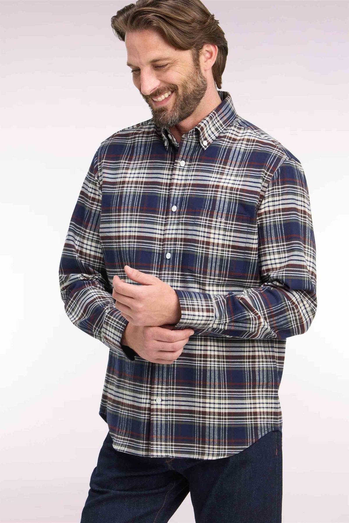 Straight-fit navy checked cotton flannel shirt
