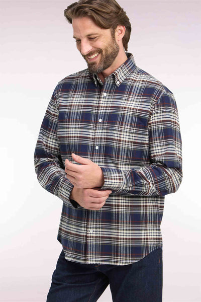 Straight-fit navy checked cotton flannel shirt
