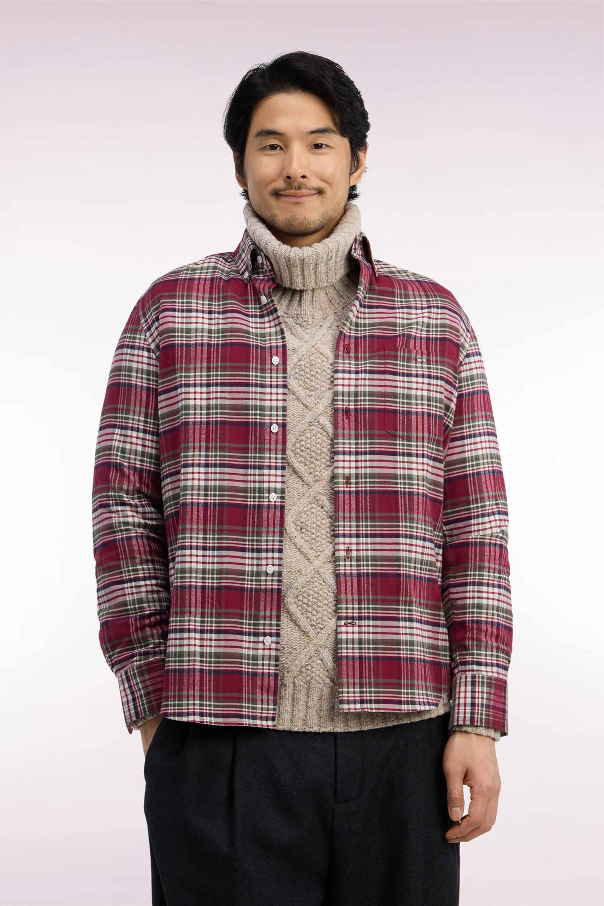 Straight-fit red checked cotton flannel shirt