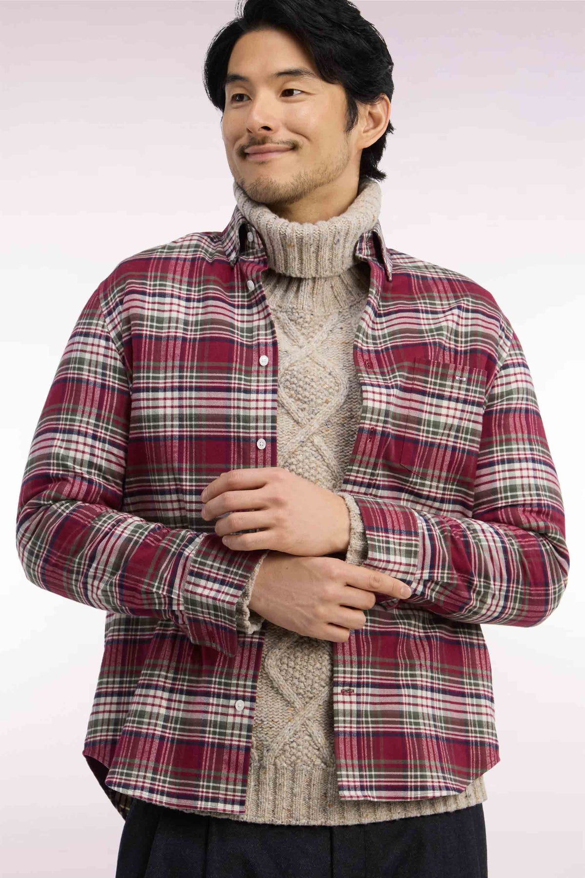 Straight-fit red checked cotton flannel shirt