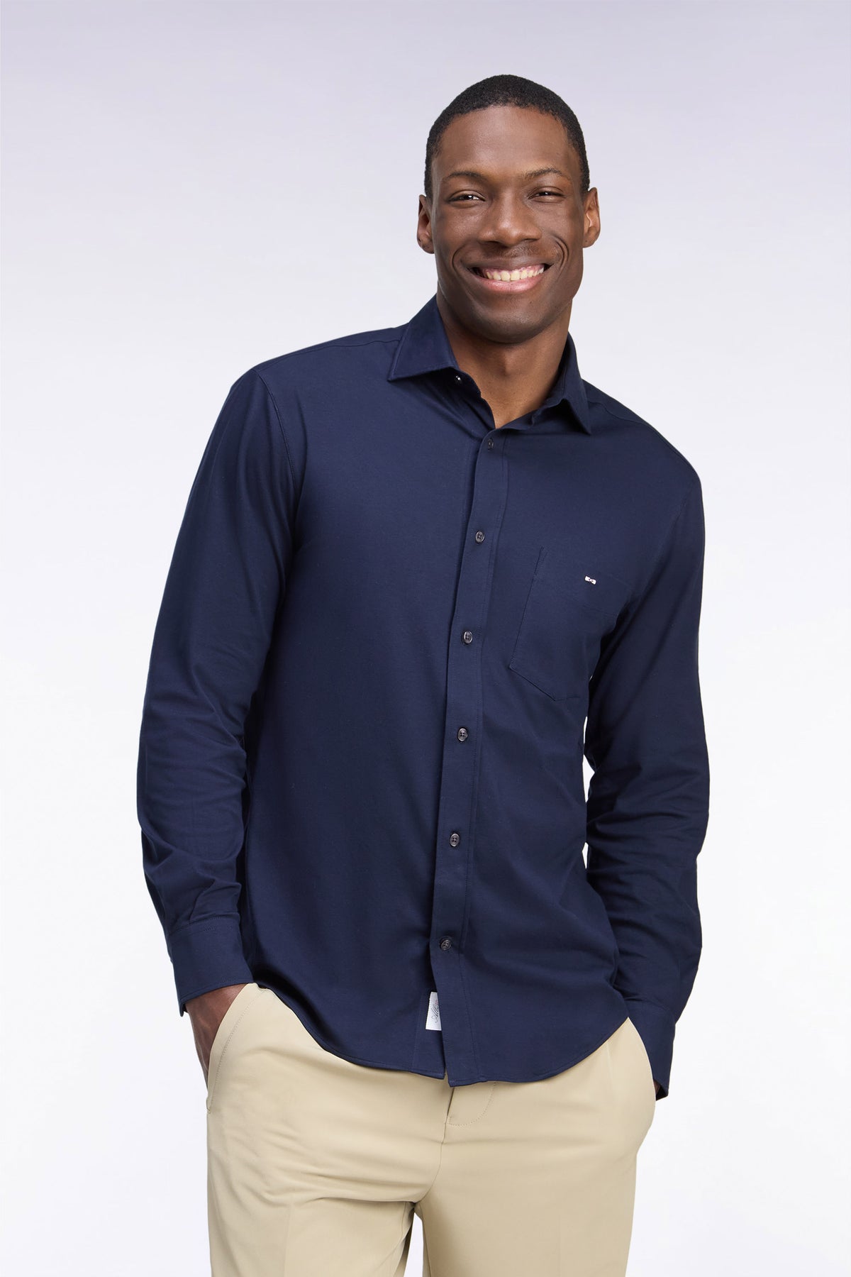 Straight cut navy stretch cotton shirt