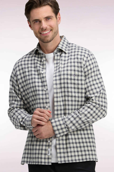 Chemise en coton à carreaux écrue coupe droite - Image 1
