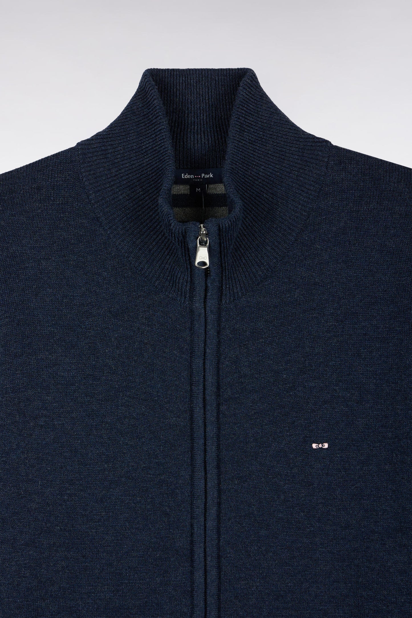 Cardigan zippé en laine et coton bleu coupe droite