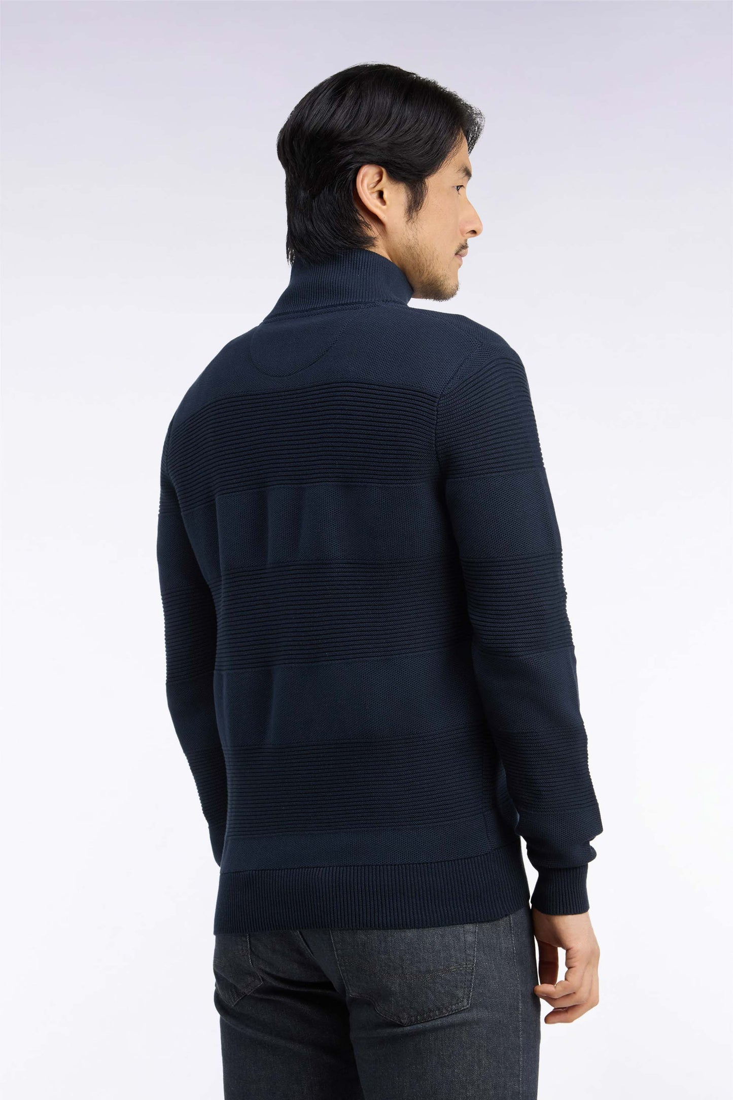 Cardigan zippé en coton marine à effet rayé coupe droite
