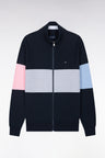Zippered cardigan with trucker collar in navy cotton with straight cut cutout