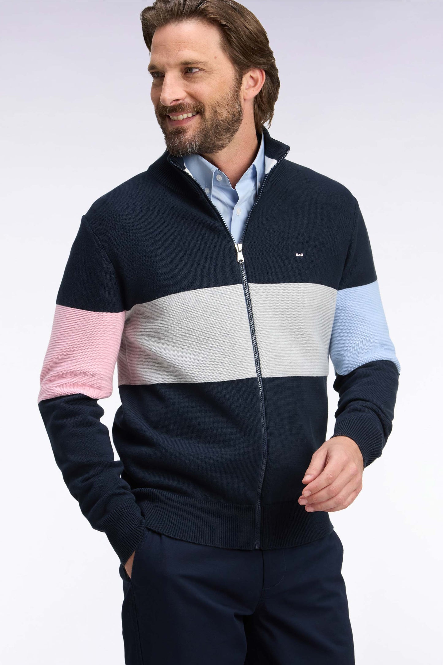 Cardigan zippé à col camionneur en coton marine à découpe coupe droite