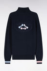 Navy cotton zipped cardigan with embroidered back, straight cut