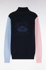 Tricolor zipped cardigan in navy cotton with embroidered back straight cut