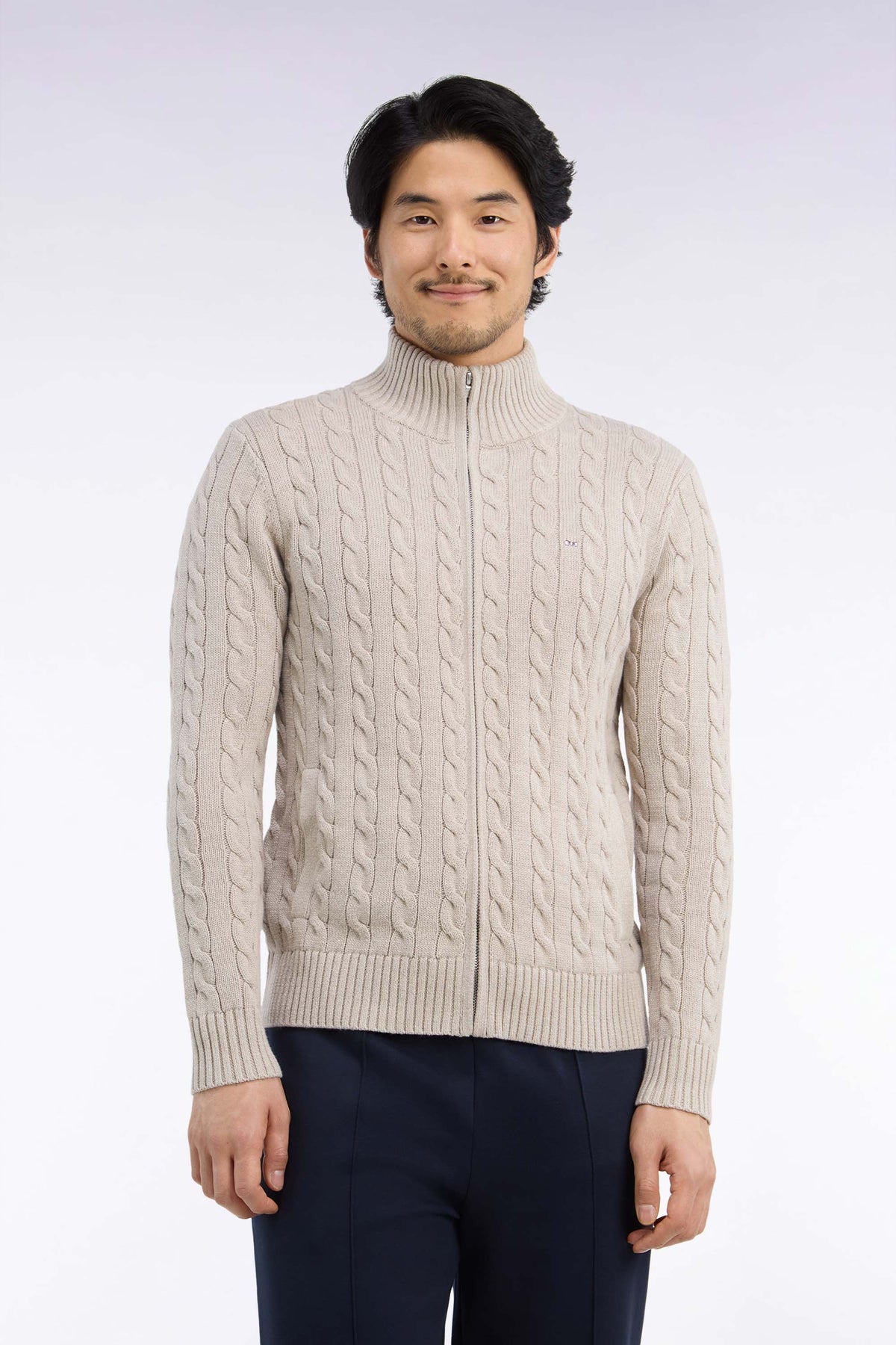 Straight cut beige cotton zipped cable cardigan
