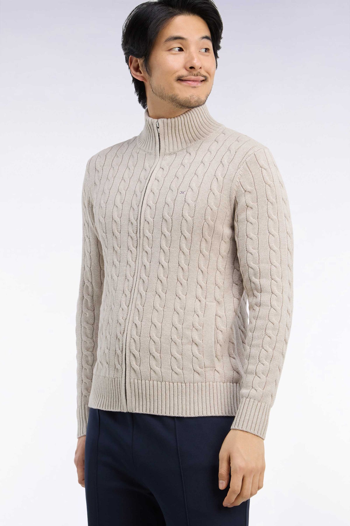 Straight cut beige cotton zipped cable cardigan
