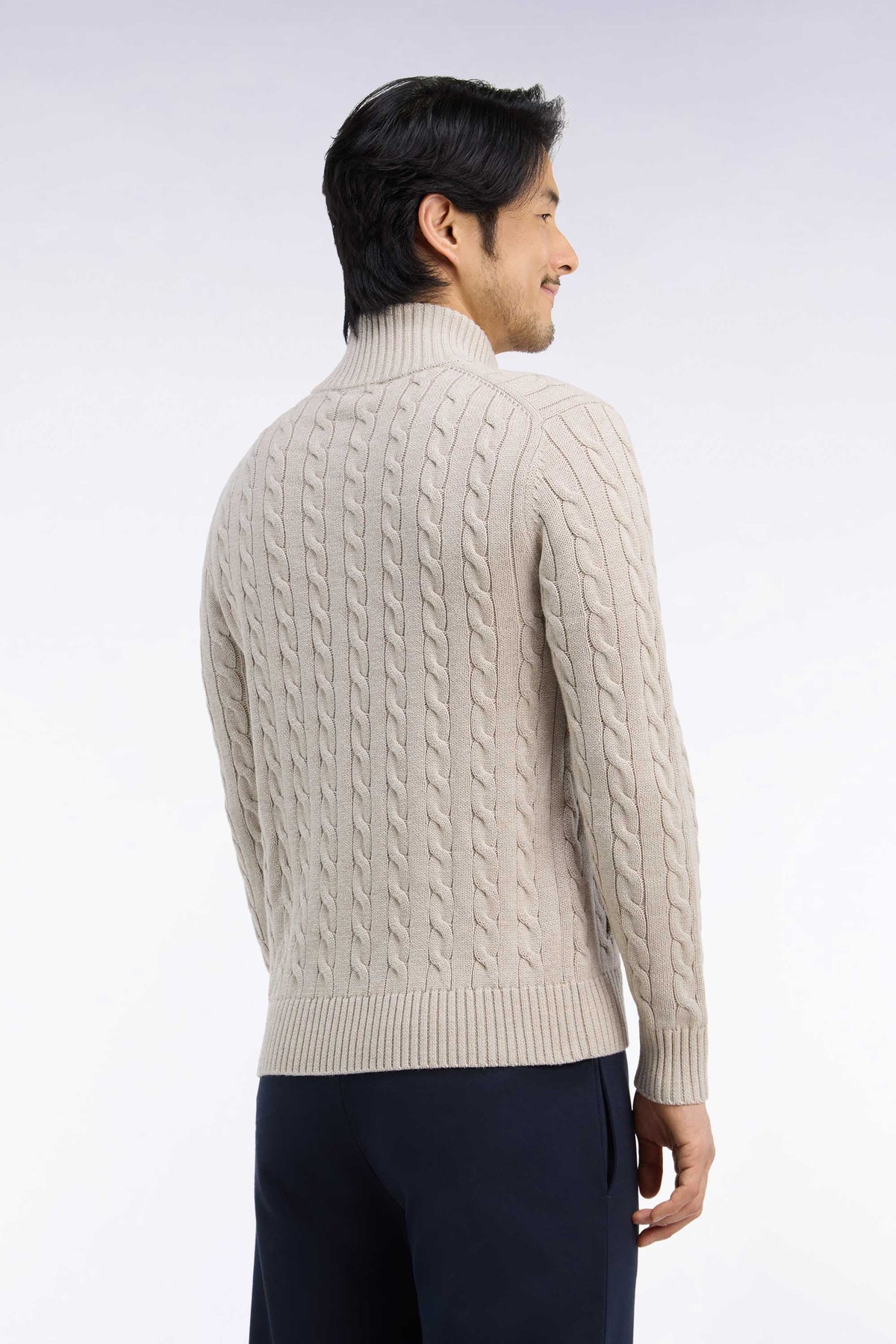 Straight cut beige cotton zipped cable cardigan
