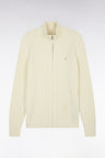 Zip-up cardigan with trucker collar in ecru ribbed wool and cotton, straight cut