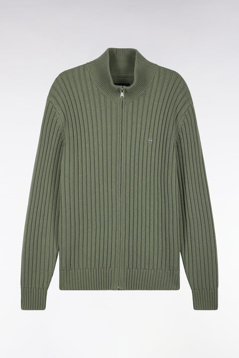 Cardigan zippé à col camionneur en laine et coton kaki côtelé coupe droite - Image 2