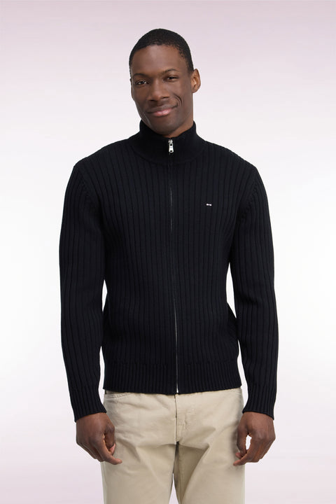 Cardigan zippé à col camionneur en laine et coton noir côtelé coupe droite - Image 3