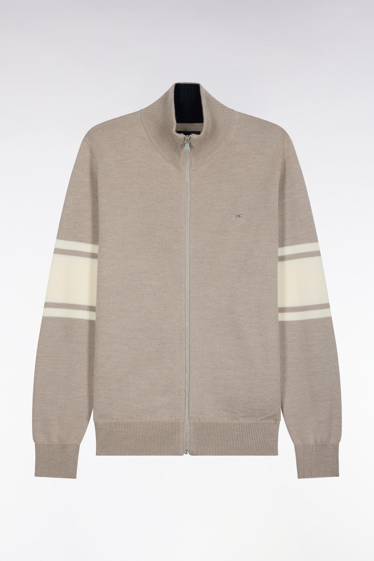 Beige merino wool zipped cardigan with striped sleeves, straight cut