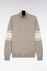 Beige merino wool zipped cardigan with striped sleeves, straight cut