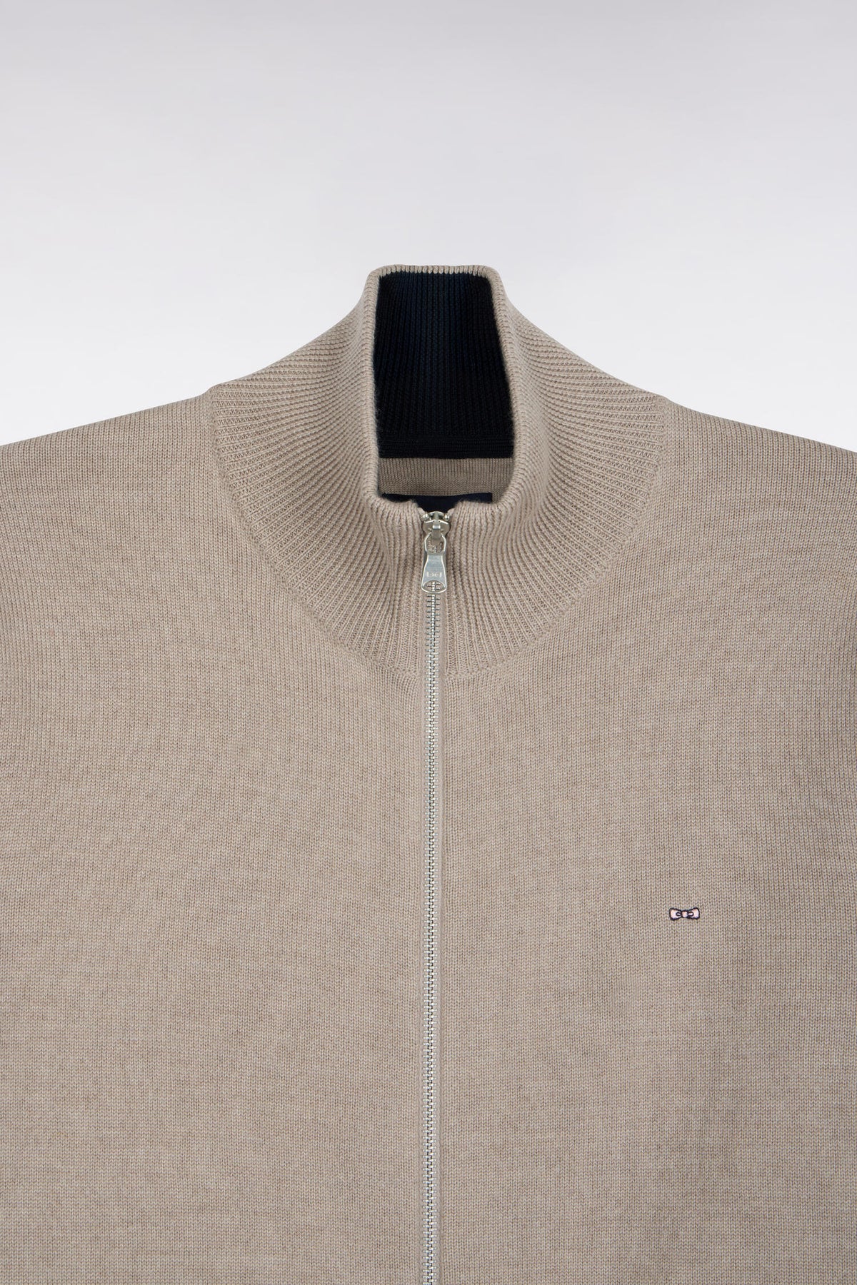 Beige merino wool zipped cardigan with striped sleeves, straight cut