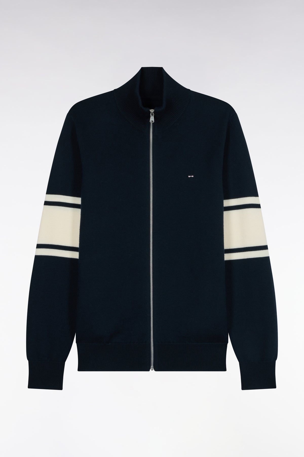 Navy merino wool zipped cardigan with striped sleeves, straight fit
