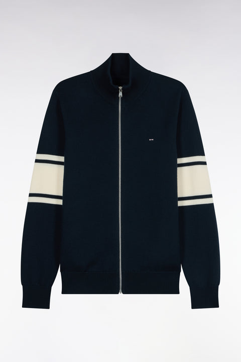 Navy merino wool zipped cardigan with striped sleeves, straight fit - Image 2
