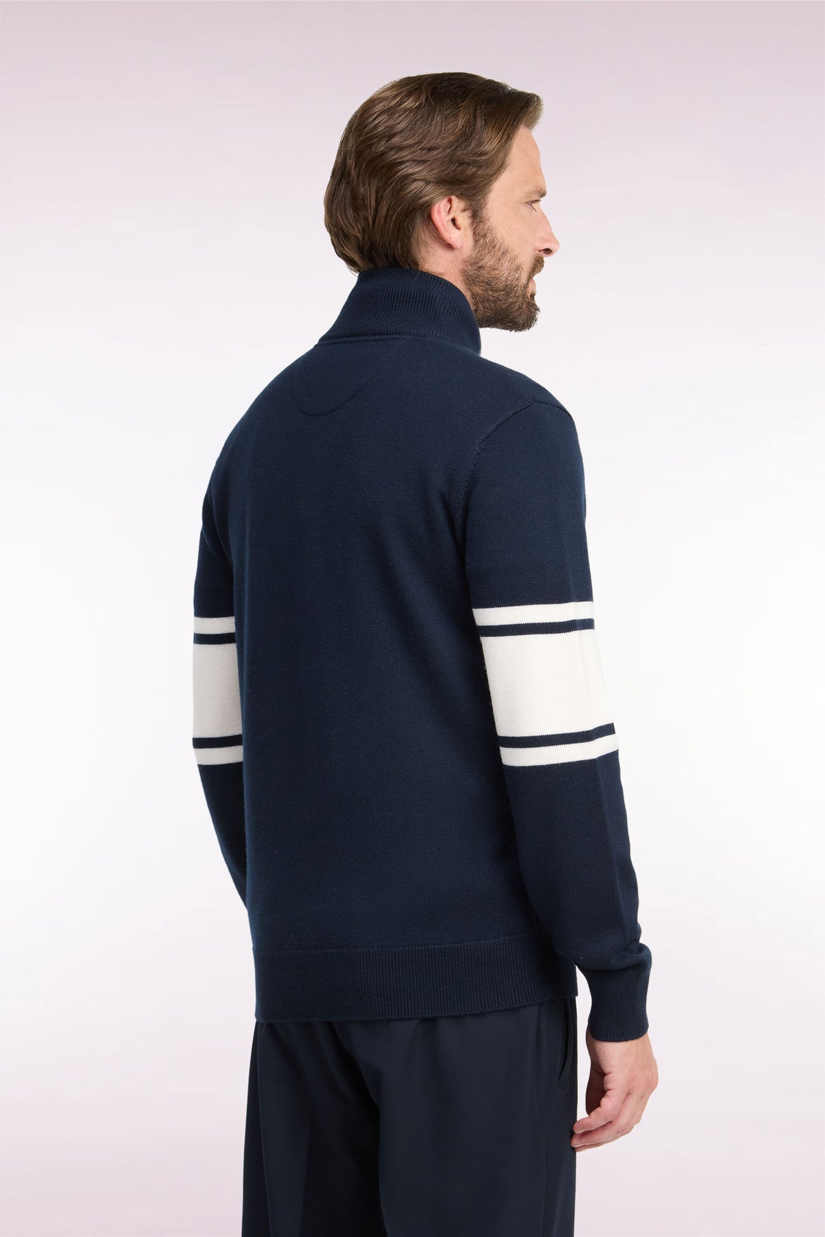 Navy merino wool zipped cardigan with striped sleeves, straight fit
