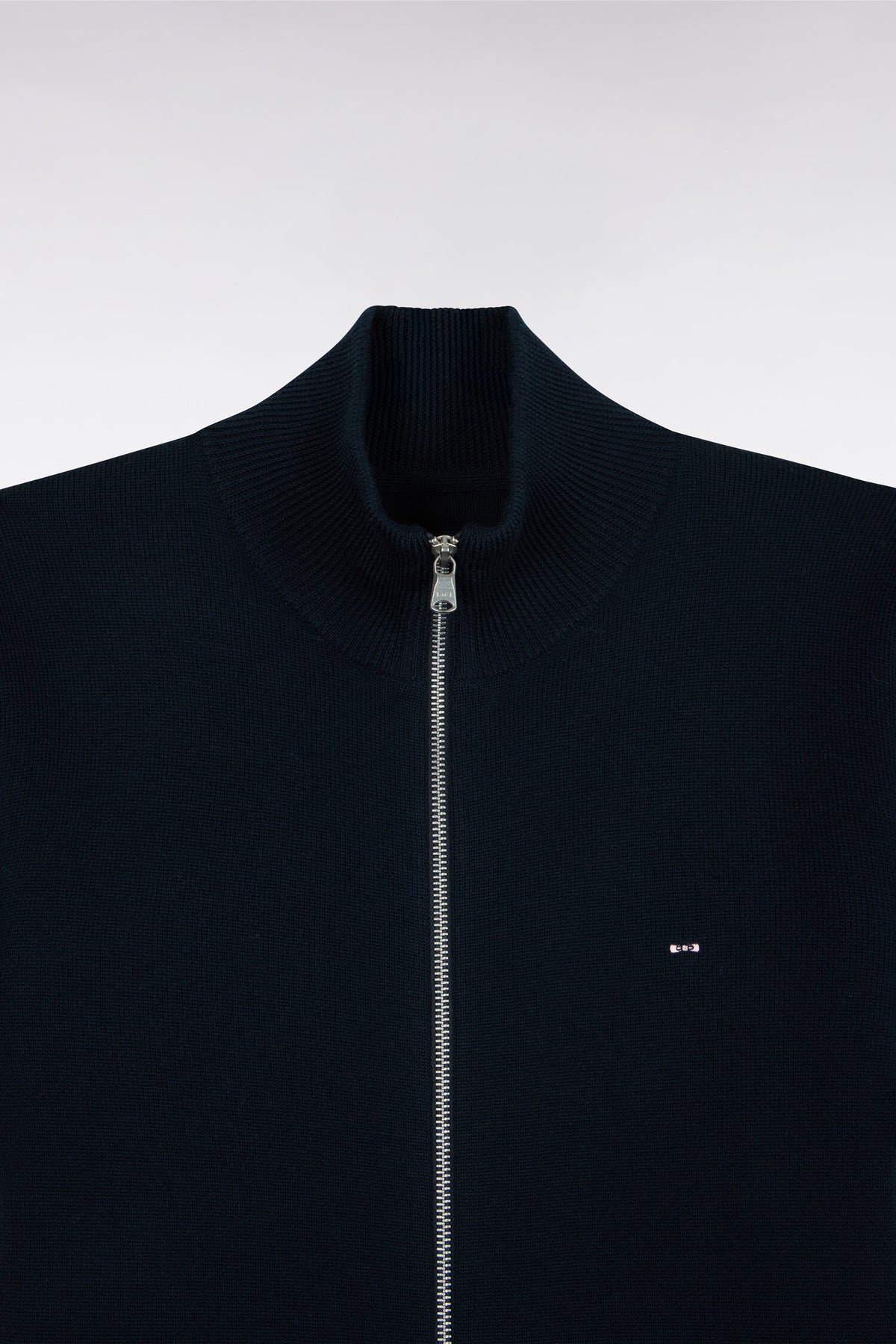 Navy merino wool zipped cardigan with striped sleeves, straight fit